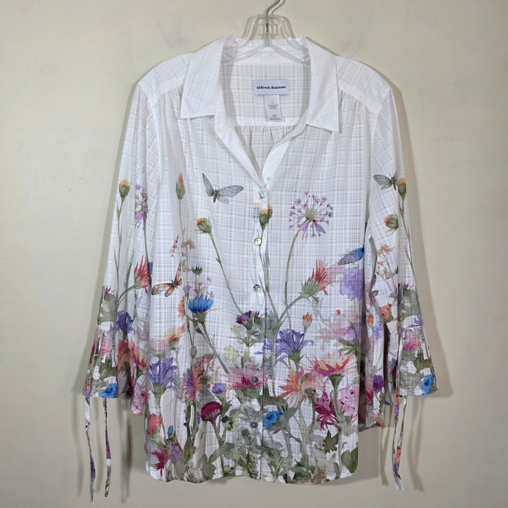 Alfred Dunner Womens Garden Party Watercolor Floral Woven button front Shirt Lrg